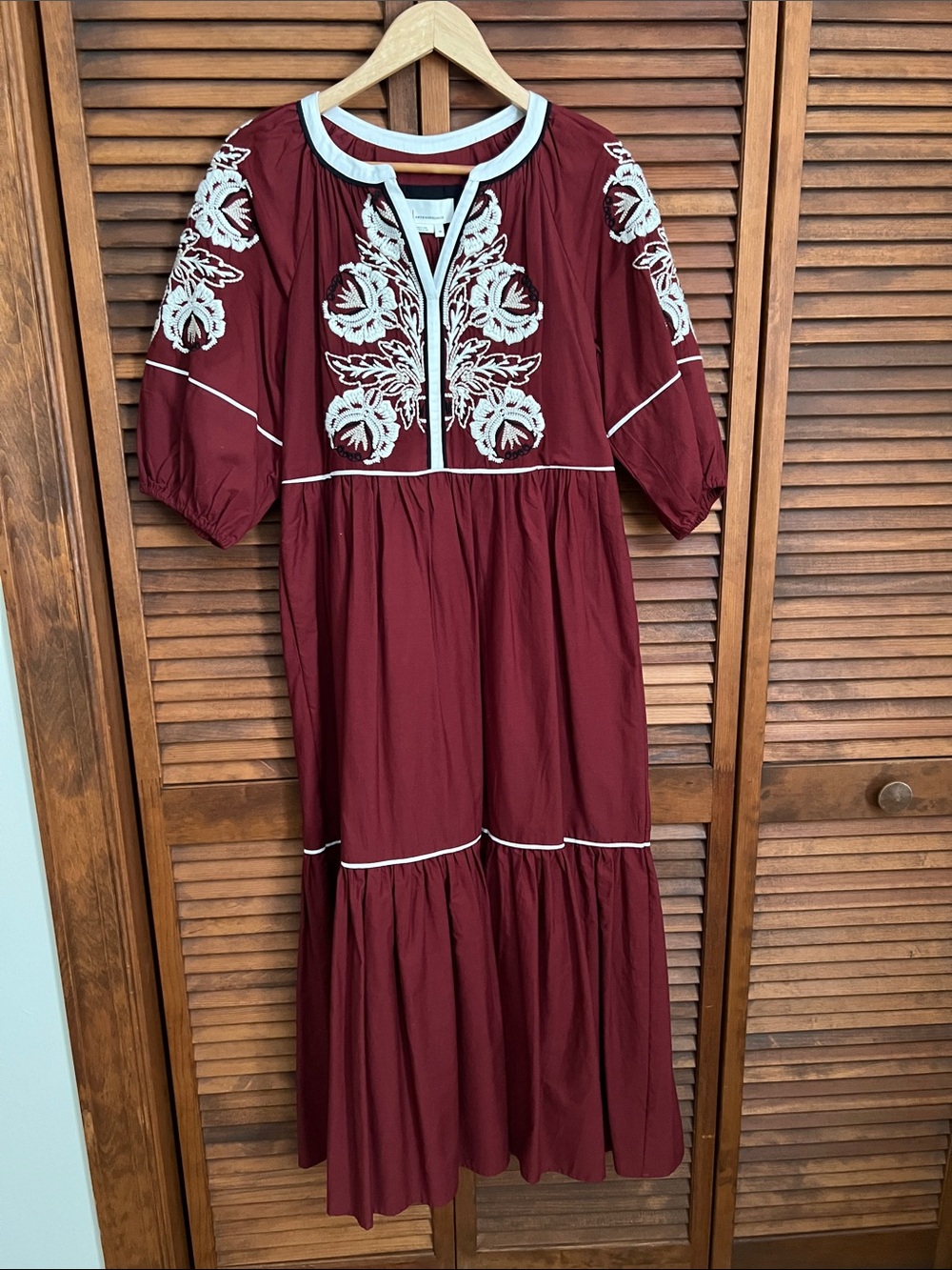 Anthropologie Burgundy Maxi Dress with White Embroidered Accents